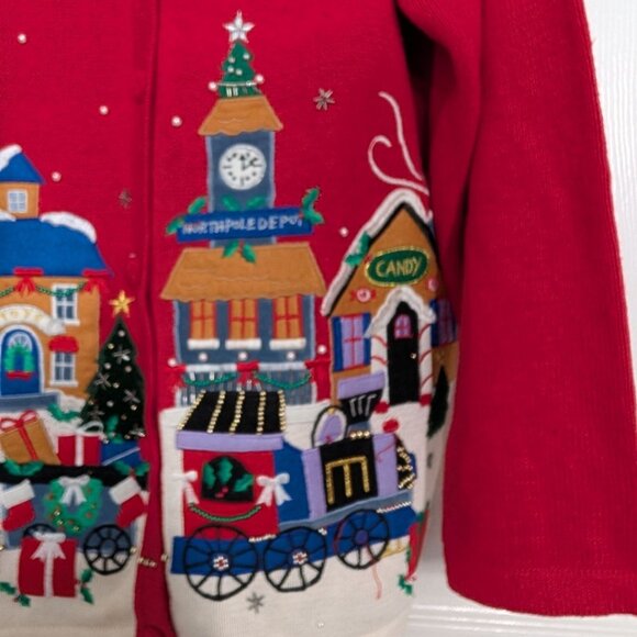 Vintage North Pole Cardigan Womens Size Medium Embroidered Beaded Christmas Red - Picture 7 of 16